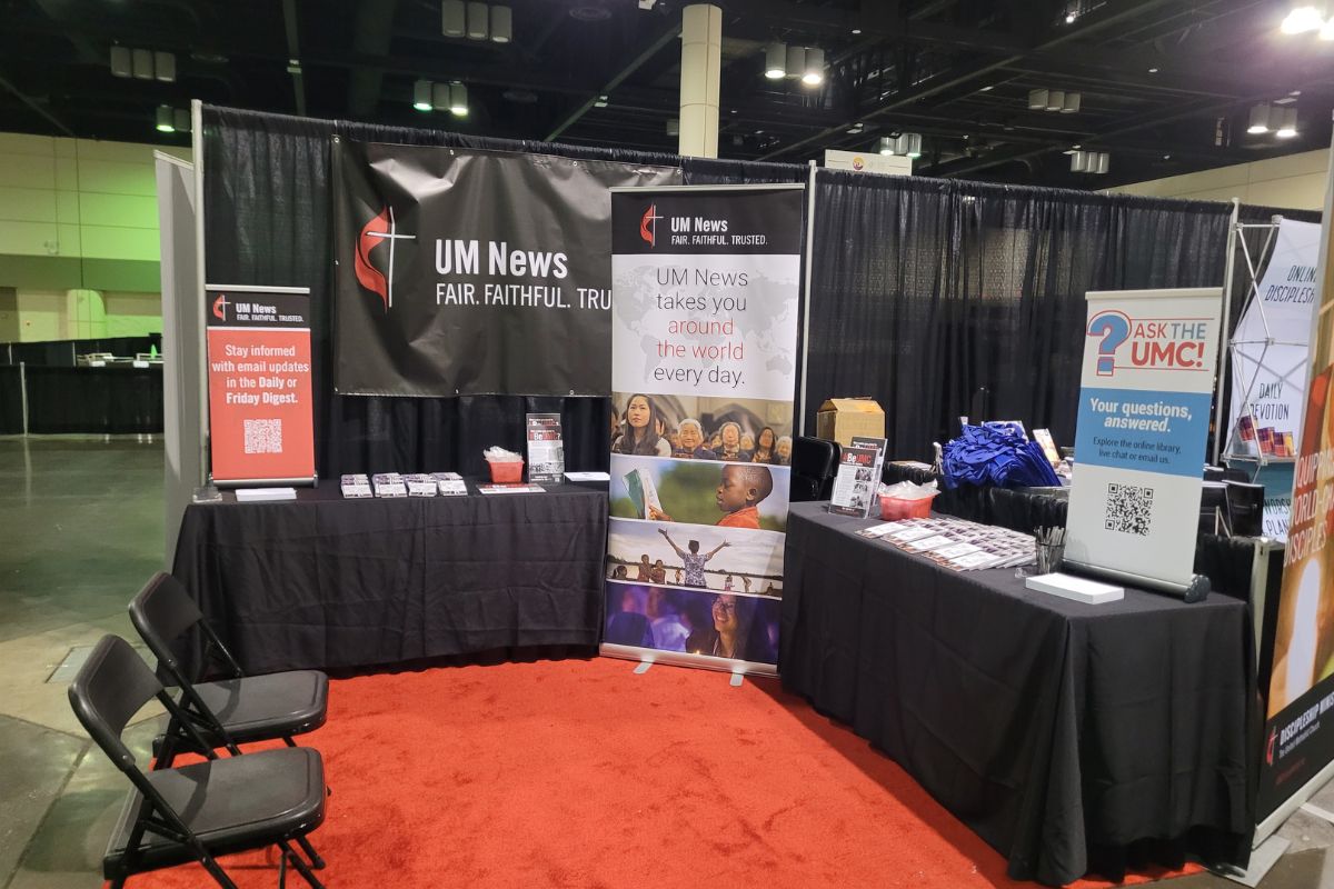 The UM News booth, shown here after initial set up, stayed abuzz with activity during Assembly 2022, (Photo by Brenda Smotherman.)