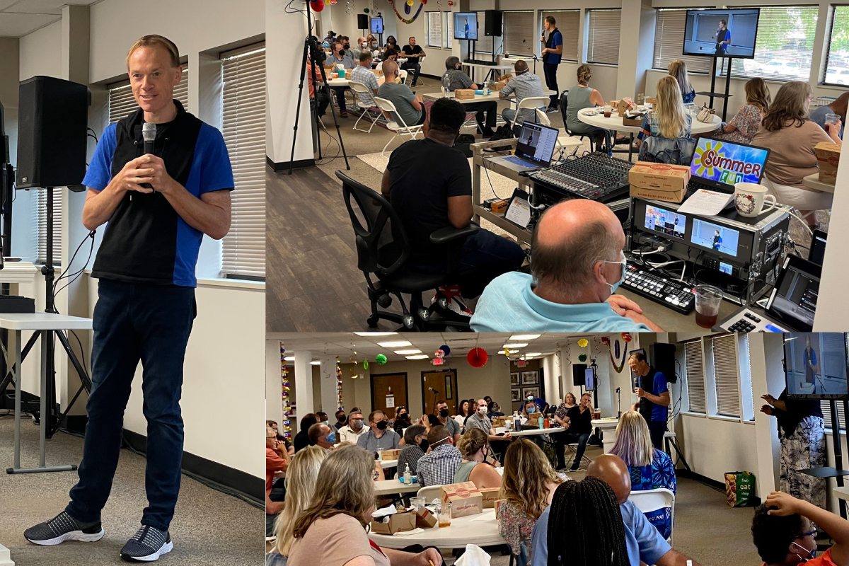 Dan Krause took time to greet and update the staff during the July gathering. (Photos by, Left: Diane Degnan, Right top: Harry Leake and Right bottom: Stacey Hagewood)