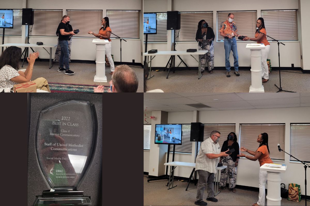 Royya James distributed a number of United Methodist Association of Communicators Awards trophies to staff recipients.