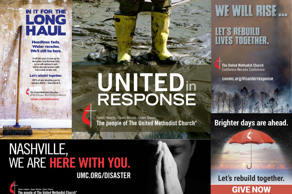 A sampling of past disaster response advertisements. (Images courtesy of United Methodist Communications.)