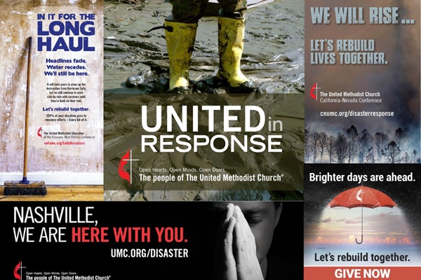 A sampling of past disaster response advertisements. (Images courtesy of United Methodist Communications.)