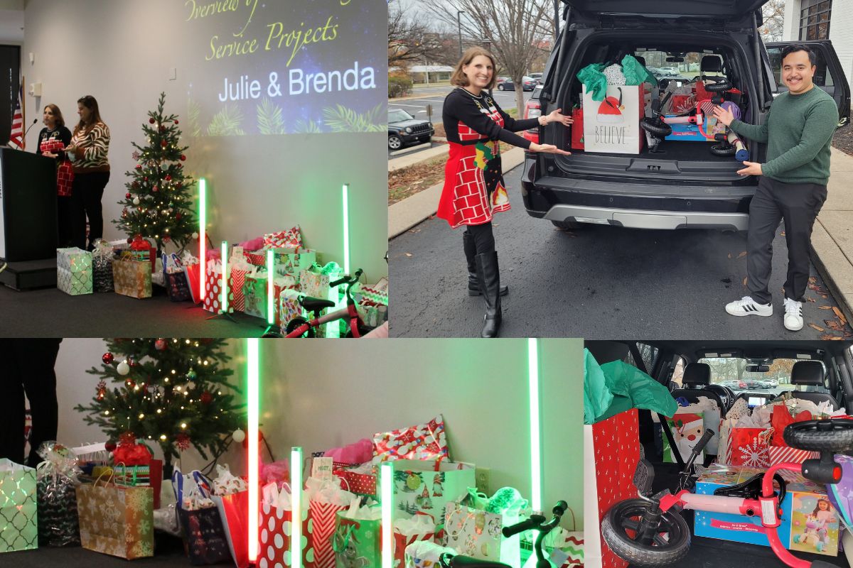 The party's charity team Brenda Smotherman and Julie Dwyer took time to thank the staff for the presents they purchased for nine foster children and teased a service project opportunity coming in 2023. Thanks to Paul Gomez for transporting  the gifts to our foster ambassador contact.