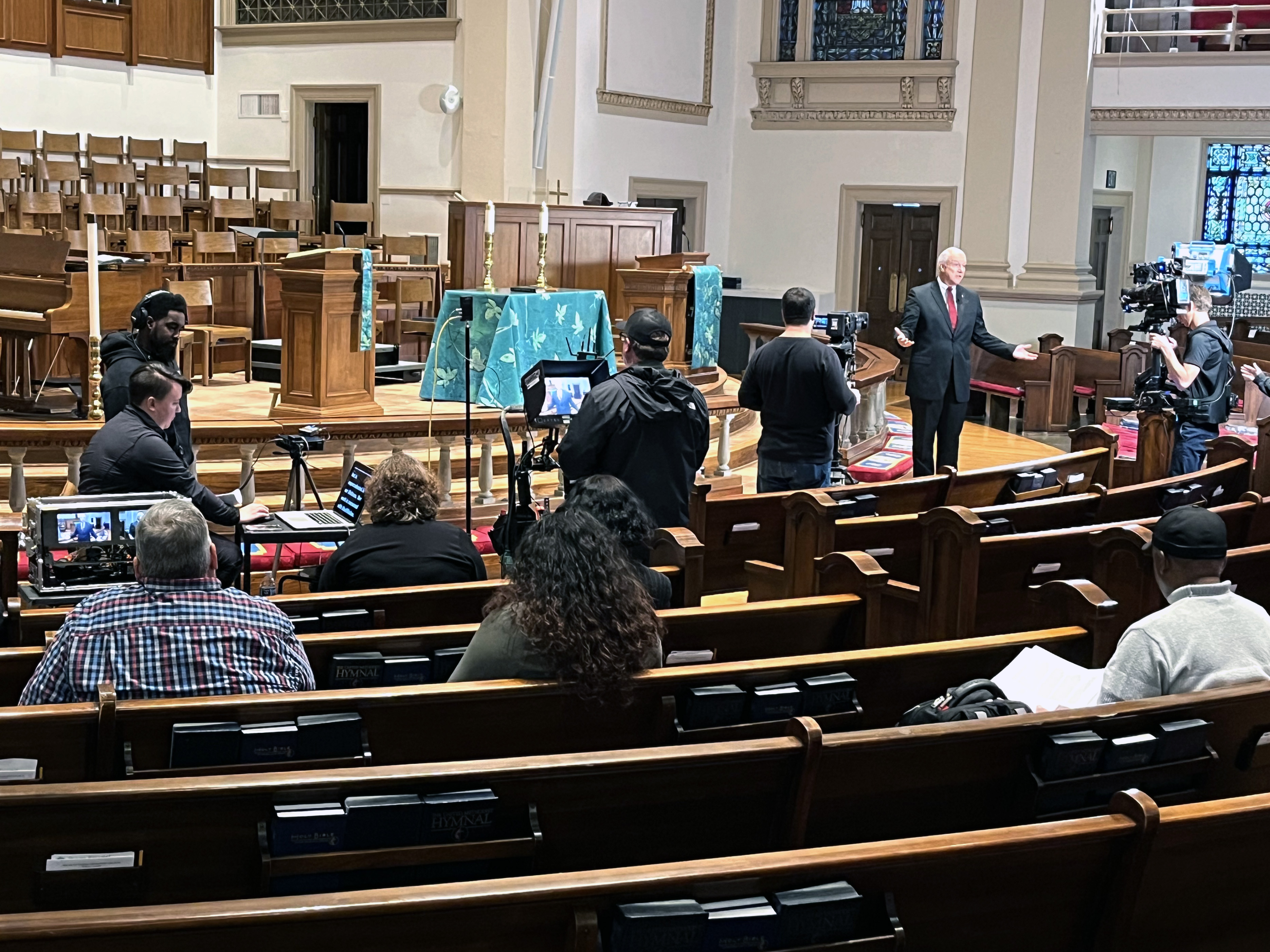 United Methodist Communication production staff film Bishop Thomas J. Bickerton, president of the Council of Bishops, giving his “Mid-term State of The United Methodist Church Address” on location at Belmont United Methodist Church in Nashville, Tennessee in February 2023.