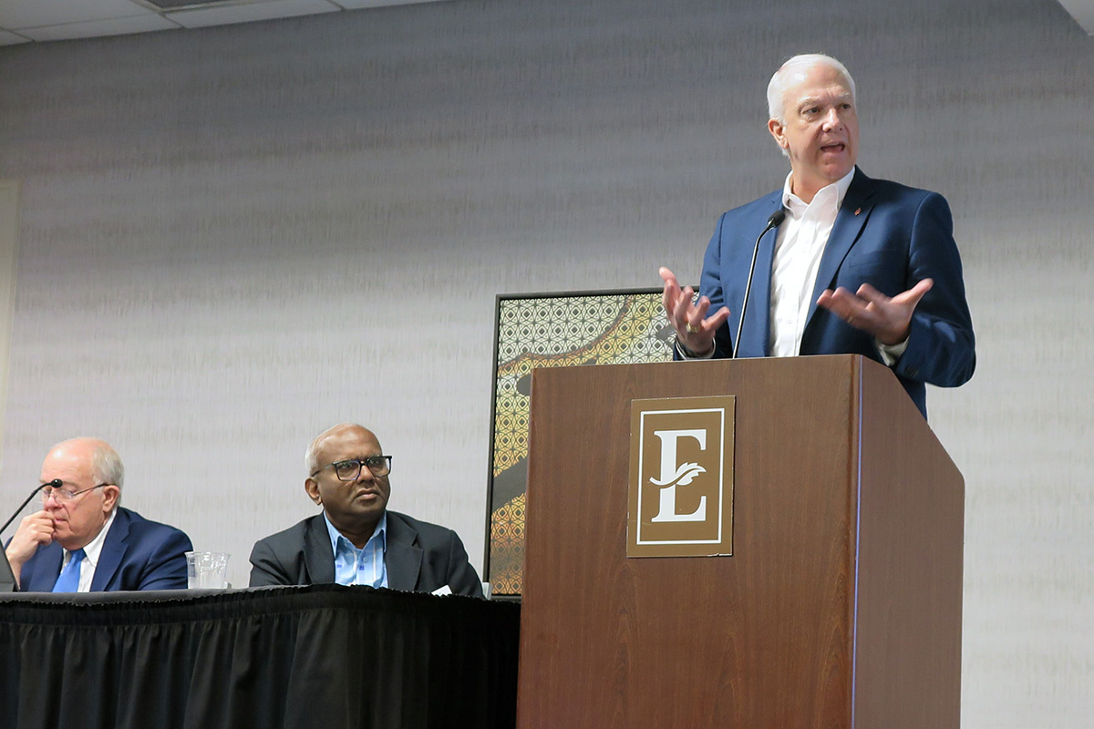 Council of Bishops President Bishop Thomas J. Bickerton addresses a joint meeting of the Connectional Table and the General Council of Finance and Administration board on May 18 in Nashville, Tenn. He said United Methodist bishops want to join in the conversation of how to reduce the number of U.S. bishops strategically without damaging the church’s mission. Photo by Heather Hahn, UM News.