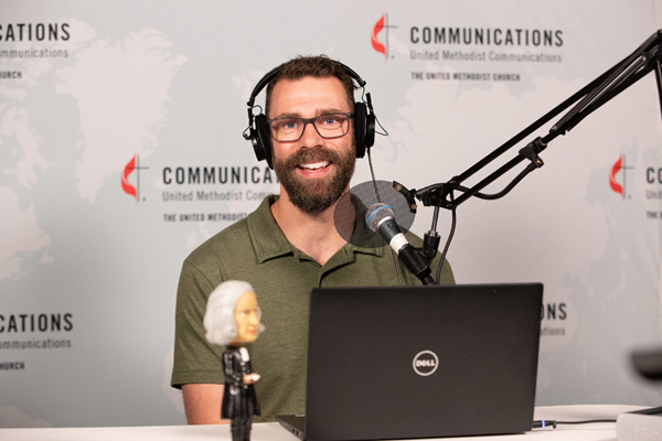 The Rev. Ryan Dunn, the Minister of Online Engagement at United Methodist Communications, spearheaded the launch of the United Methodist Podcast-a-thon. During the inaugural event he hosted live episodes of the Pastoring in the Digital Parish and Compass podcasts. (Photo by Diane Degnan, United Methodist Communications.)