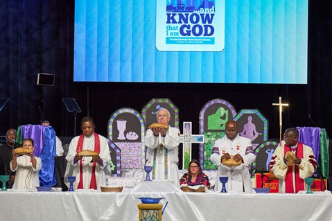 During the opening worship service of the United Methodist General Conference in Charlotte, North Carolina, on April 23, 2024, five United Methodist bishops from around the world celebrate communion with participants. Photo by Paul Jeffrey, UM News. During the opening worship service of the United Methodist General Conference in Charlotte, North Carolina, on April 23, 2024, five United Methodist bishops from around the world celebrate communion with participants. Photo by Paul Jeffrey, UM News.