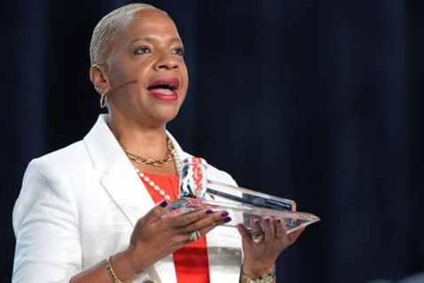 Bishop Tracy Smith Malone speaks after accepting the gavel from COB President Bishop Bickerton during the 2024 United Methodist General Conference in Charlotte, N.C. Tuesday April 30, 2024. Photo by Larry McCormack, UM News.