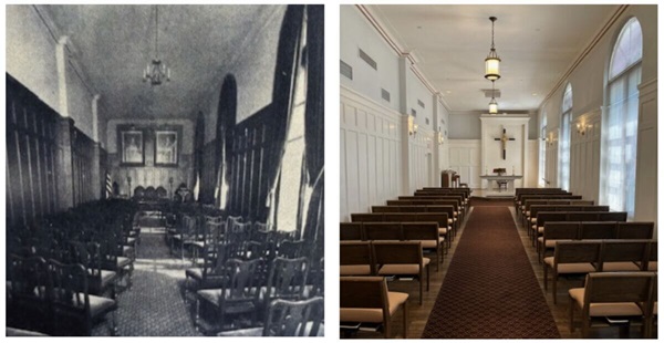 Construction of The Simpson Memorial Chapel in the United Methodist Building finished on August 14, 1929 (L). The Simpson Memorial Chapel today (R). Photos from GBCS Archives.