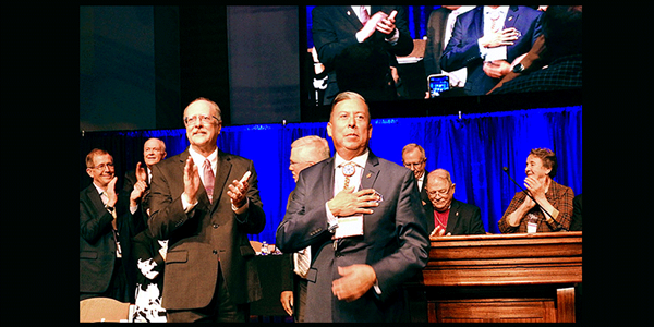 The Rev. David Wilson, the first Native American United Methodist bishop, accepts congratulations after his election to the episcopacy at the South Central Jurisdictional Conference Nov. 2, in Houston. Photo by Sam Hodges, UM News.
