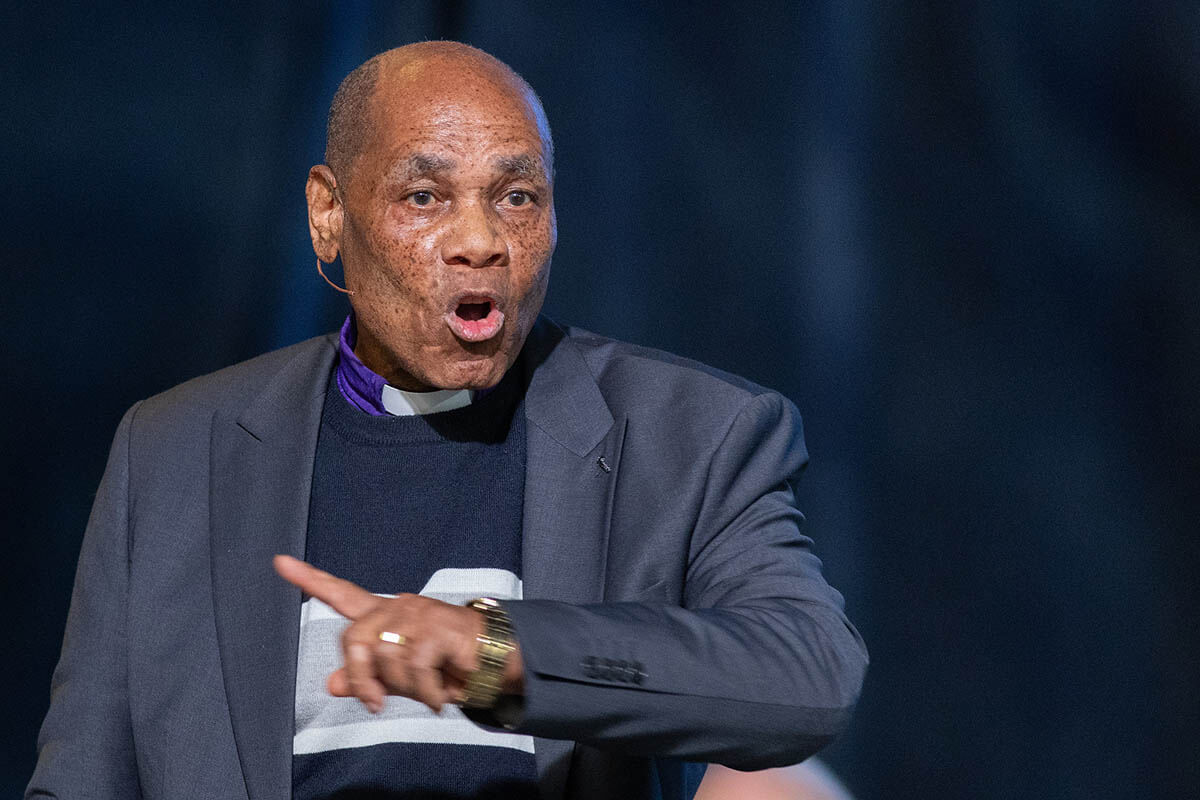 Zimbabwe Episcopal Area Bishop Eben K. Nhiwatiwa preaches during the 2024 United Methodist General Conference in Charlotte, N.C. Nhiwatiwa is part of an episcopal team assigned to serve the Nigeria Episcopal Area through the end of the year. Photo by Mike DuBose, UM News.