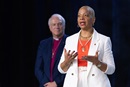 Bishop Tracy S. Malone addresses the 2024 United Methodist General Conference in Charlotte, N.C., after taking over as president of the denomination’s Council of Bishops from outgoing council president Bishop Thomas Bickerton (rear). The Council of Bishops is calling for a five-day leadership gathering in April or May 2026. The bishops plan to hold the gathering instead of the special session of General Conference that they previously announced. Photo by Mike DuBose, UM News.