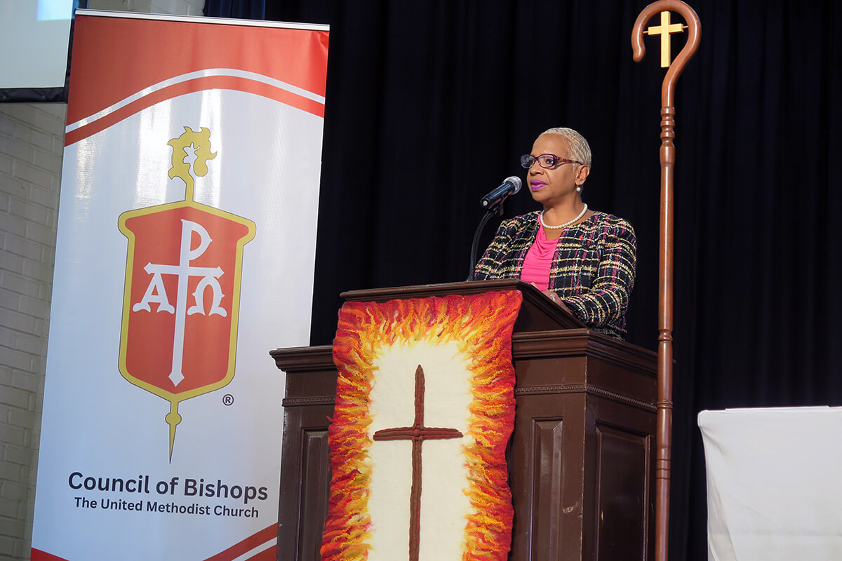 Bishop Tracy S. Malone, who leads the Indiana Conference, delivers her first address as Council of Bishops president during the bishops’ meeting Nov. 4 at Epworth by the Sea Conference Center in St. Simons Island, Ga. She spoke of her hope for The United Methodist Church in moving toward a more inclusive future. Photo by Heather Hahn, UM News.