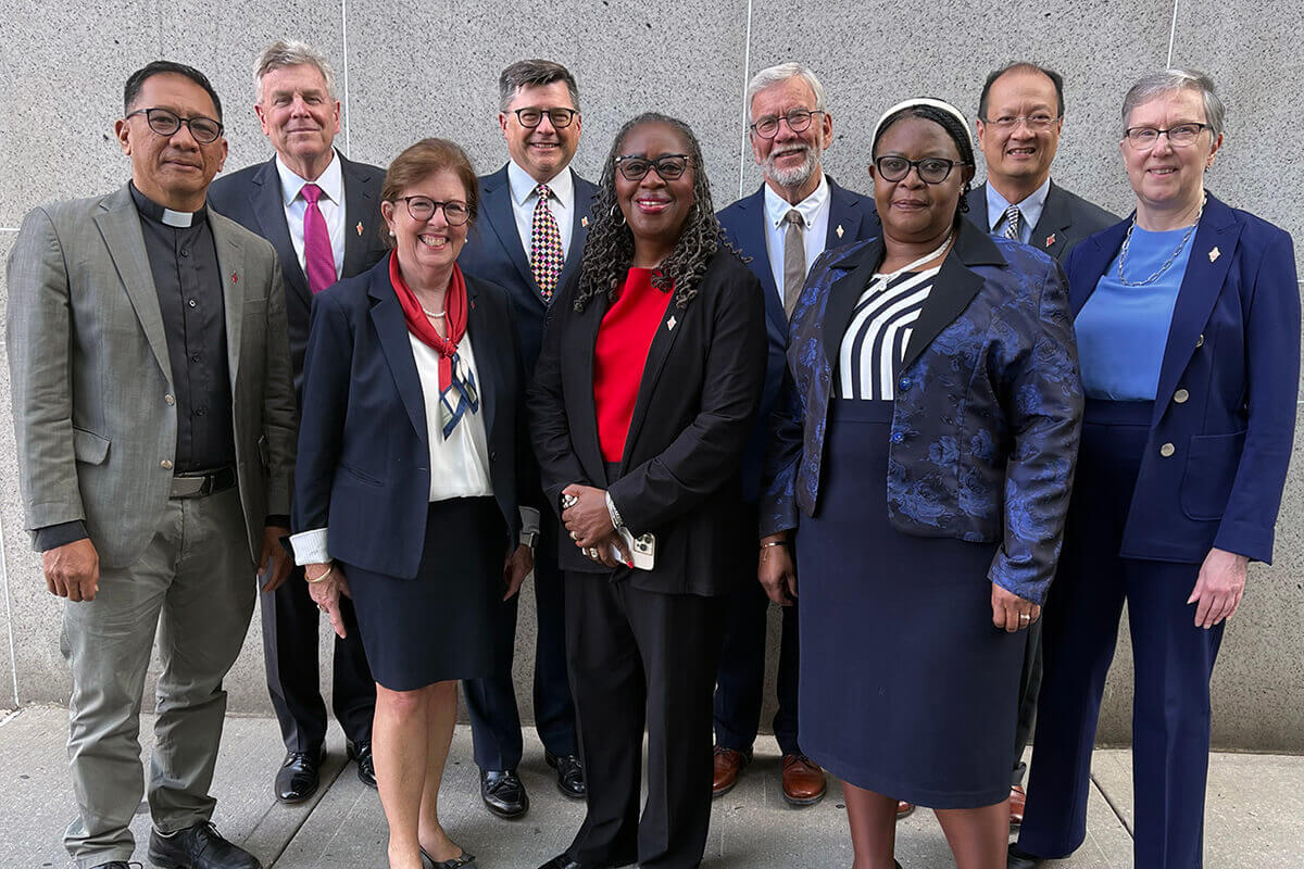 Members of the 2024-2028 Judicial Council are (front row, from left) the Rev. Jonathan Ulanday; the Rev. Susan Henry-Crowe, president; the Rev. Angela Brown, secretary; and Molly Hlekani Mwayera; (back row, from left) Bill Waddell; Andrew Vorbrich; the Rev. Øyvind Helliesen; the Rev. Luan-Vu Tran; and Harriett Olson. The Judicial Council released decisions from its spring docket on April 29. Photo by Linda Bloom, UM News.