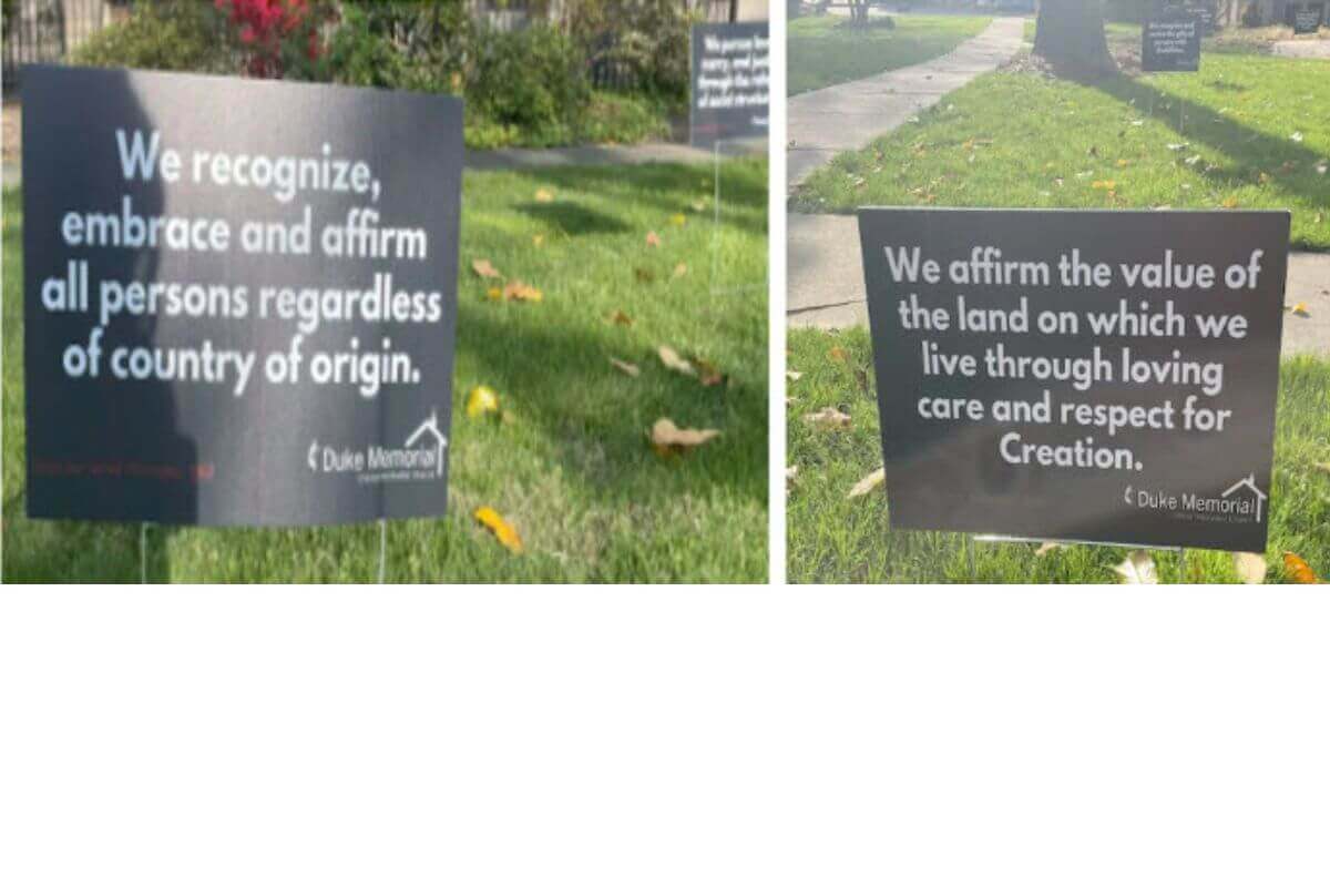 Duke Memorial UMC yard signs up close