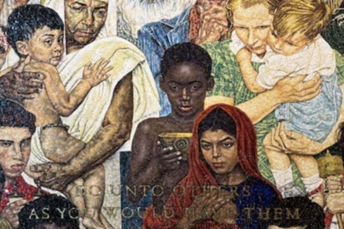 The “Golden Rule” mosaic created by Norman Rockwell was presented to the United Nations NYC Headquarters in 1985. The life-size painting supports the UN’s humanitarian aims and idea of a common humanity.