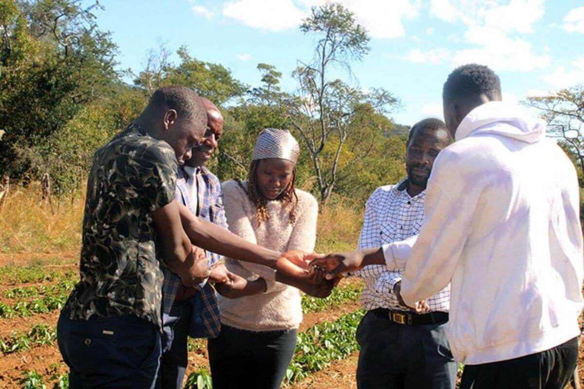 Pastor Gladman Kundhlande, who leads the United Methodist Youth Fellowship in the Murehwa South East Circuit (second from left), prays for continued success for Tafadzwa Chingosho (left) in his goal of being a farmer. Also pictured are agronomist Stella Samanga (center), Julius Chingosho and Emmanuel Rukure. Photo by Kudzai Chingwe, UM News.