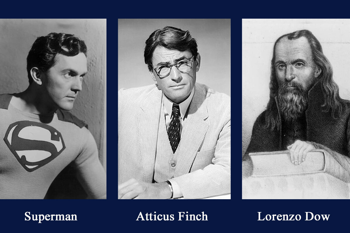 Fictional characters including Superman and Atticus Finch in “To Kill a Mockingbird” have been identified as Methodist over the years. A new novel, “The Deliverance of Barker McRae,” features a fictional character based on 19th-century Methodist circuit preacher Lorenzo Dow (pictured at right). Also pictured (from left) are actors Kirk Alyn, who played Superman in the 1940s, and Gregory Peck as Finch in the 1962 film “To Kill a Mockingbird.” Movie stills courtesy of Wikimedia Commons and Dow photo courtesy of the “Encyclopedia of World Methodism.”