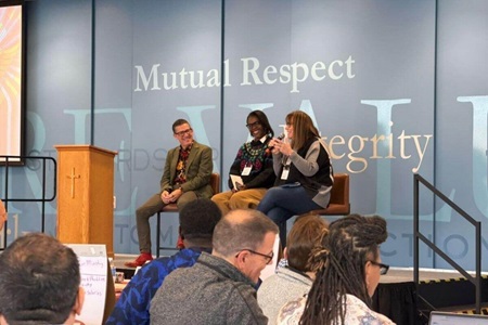 Andy Hendren (General Secretary, Wespath); Rev. Dr. Stephanie Moore Hand (Western North Carolina Conference); Bishop Lanette L. Plambeck (Dakotas-Minnesota Episcopal Area) closing the first day of the event. Photo courtesy of Wespath.