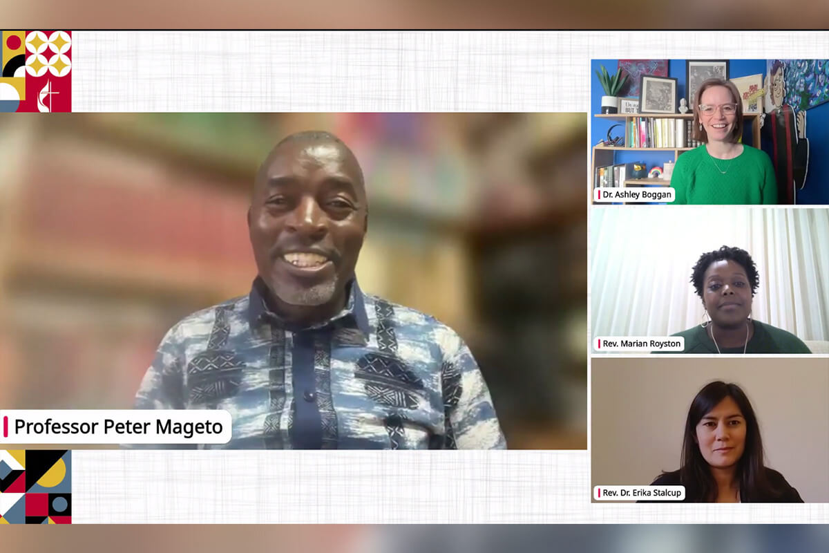 The Rev. Peter Mageto of Africa University speaks during a Jan. 24 webinar exploring the Wesleyan theology that undergirds the denomination’s vision to “love boldly.” He’s joined by Ashley Boggan (pictured clockwise), top executive of the United Methodist Commission on Archives and History, who moderated the panel discussion; the Rev. Marian Royston of the North Alabama Conference; and the Rev. Erika Stalcup of Switzerland. It was the first in a series of three webinars ahead of the Council of Bishops Leadership Gathering in October. Screen shot courtesy of United Methodist Communications.