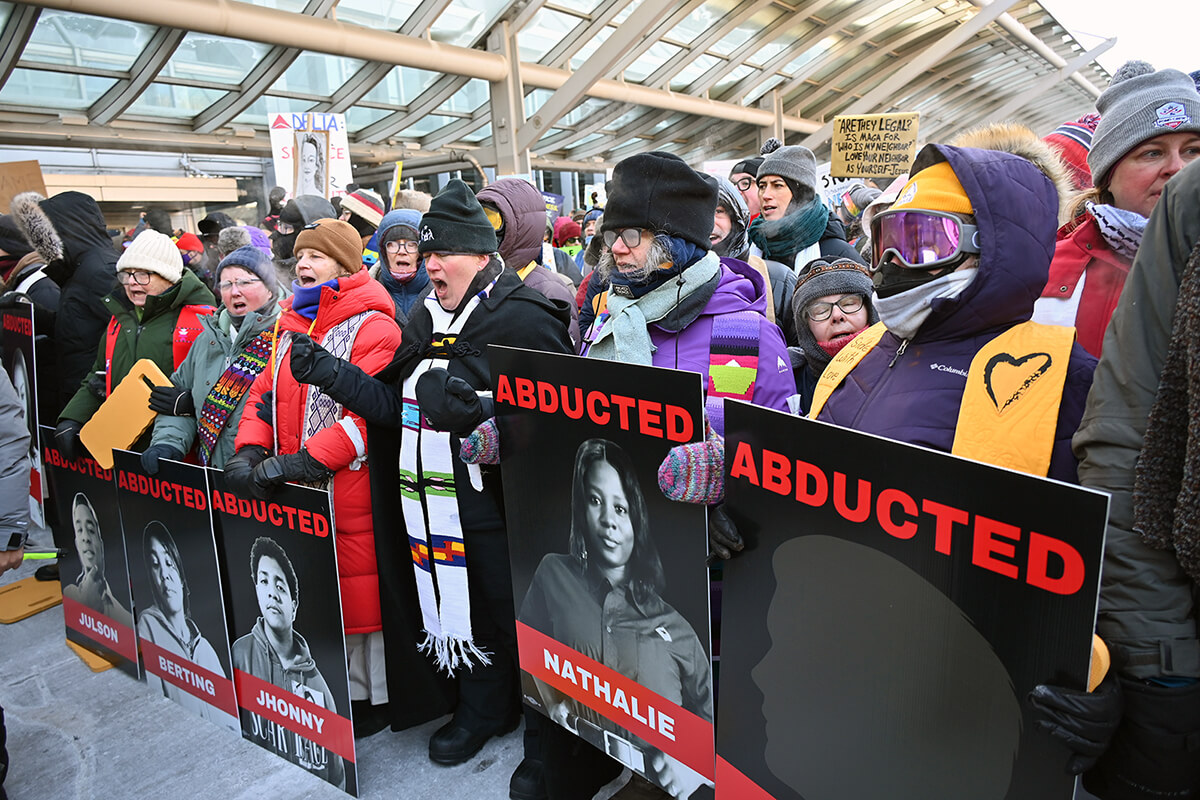 Clergy members lead a demonstration against ICE tactics in the departures area of Terminal 1 of the Minneapolis–Saint Paul International Airport, Friday, Jan. 23, 2026, in St. Paul, Minn. (RNS photo/Jack Jenkins)