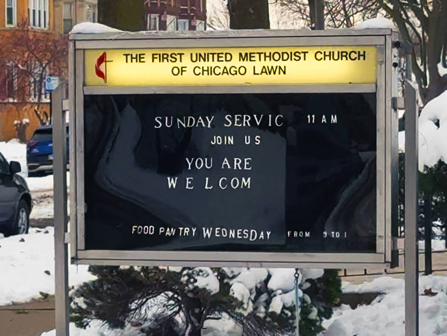 La Iglesia Metodista Unida Chicago Lawn atiende a una comunidad de alta concentración de familias inmigrantes y han tenido que quitar los letreros en español y dejar solo los que están en inglés, como una forma de llamar menos la atención por temor a los operativos migratorios del gobierno, contra la comunidad hispano-latina. Foto Rev. Gustavo Vasquez, Noticias MU.