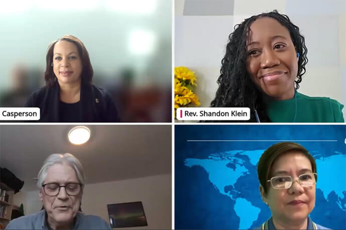(Clockwise from left:) The Revs. April Casperson, Shandon Klein, Mark W. Lewis and Deaconess Darlene Marquez-Caramanzana join in a Feb. 21 webinar exploring the Wesleyan theology that undergirds the denomination’s vision to “serve joyfully.” Screen shot courtesy of United Methodist Communications via Zoom by UM News.
