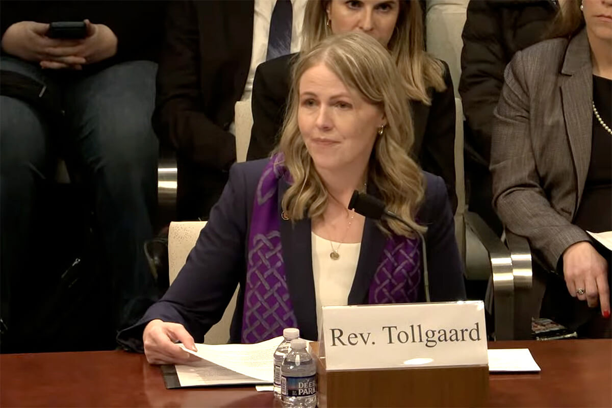 The Rev. Mariah Tollgaard, senior pastor of Hamline Church United Methodist in St. Paul, Minn., testifies March 4 before the U.S. House of Represenatives Oversight Committee. Also testifying were Minnesota Gov. Tim Walz and Attorney General Keith Ellison. Screen shot from U.S. House of Representatives Oversight Committee hearing via YouTube by UM News.
