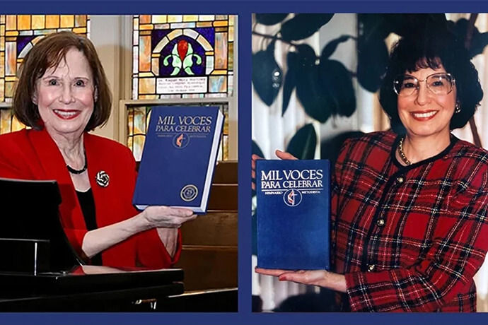 Raquel Martínez, editor of “Mil Voces Para Celebrar,” the Spanish United Methodist hymnal, is being remembered for her musical contributions and leadership in The United Methodist Church. She died April 12 at the age of 86. She is pictured at right at the launch of the hymnal in 1996, and at left, at the celebration of its 25th anniversary in 2021. Photos courtesy of the Martínez family; photo composition by the Rev. Gustavo Vásquez, UM News.