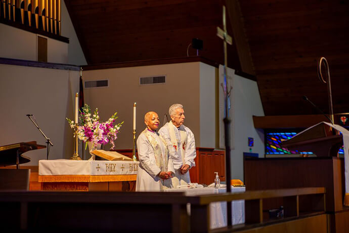 Council of Bishops President Tracy S. Malone and Horizon Conference Bishop Ruben Saenz Jr., incoming Council of Bishops president and co-convener of the 2026 Leadership Gathering’s design team, preside over a memorial service on April 26 during the bishops’ spring meeting in Jacksonville, Fla. Malone said the Oct. 20-24 Leadership Gathering is part of the bishops’ commitment “to providing strategic, visionary, inclusive, innovative and missional leadership for the church.” Photo by Paul Gómez, United Methodist Communications.