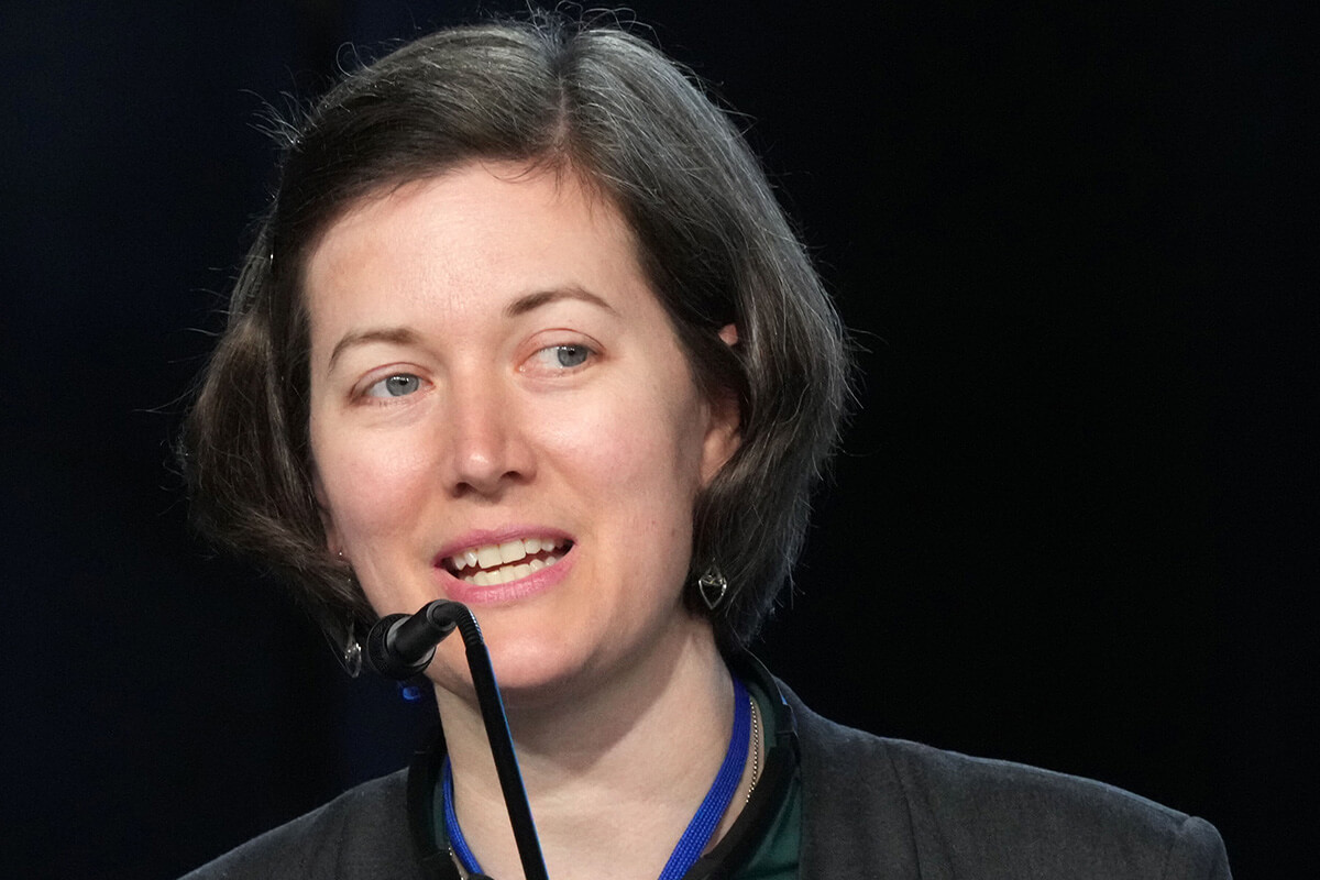 Emily Allen, a veteran lay delegate from the California-Nevada Conference, delivers a report during the 2024 United Methodist General Conference in Charlotte, N.C. on May 3, 2024. Allen has been elected to serve as the interim General Conference secretary beginning July 1. She will lead the planning of The United Methodist Church’s international legislative assembly, scheduled May 8-16, 2028, in Minneapolis. Photo by Larry McCormack, UM News.