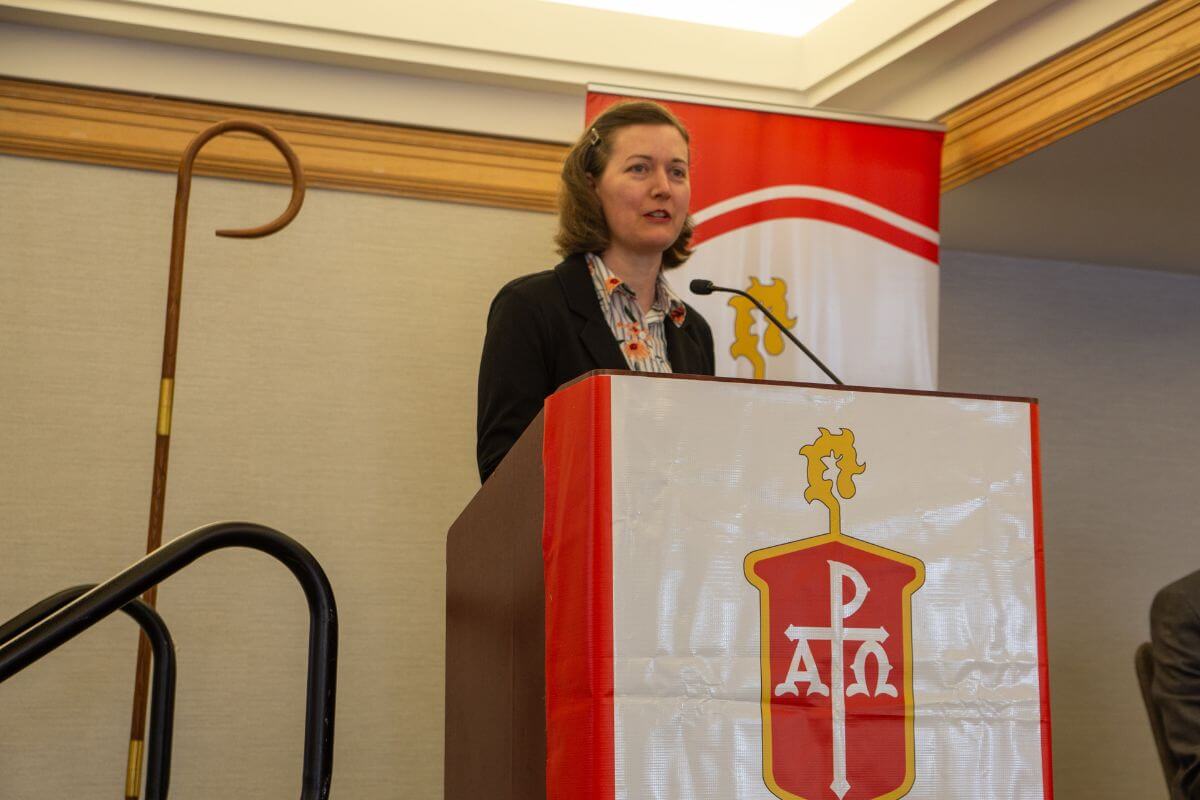 Emily Allen addresses the Council of Bishops meeting in Jacksonville, Florida on April 29, 2026. (Photo by Paul Gomez, United Methodist Communications.)