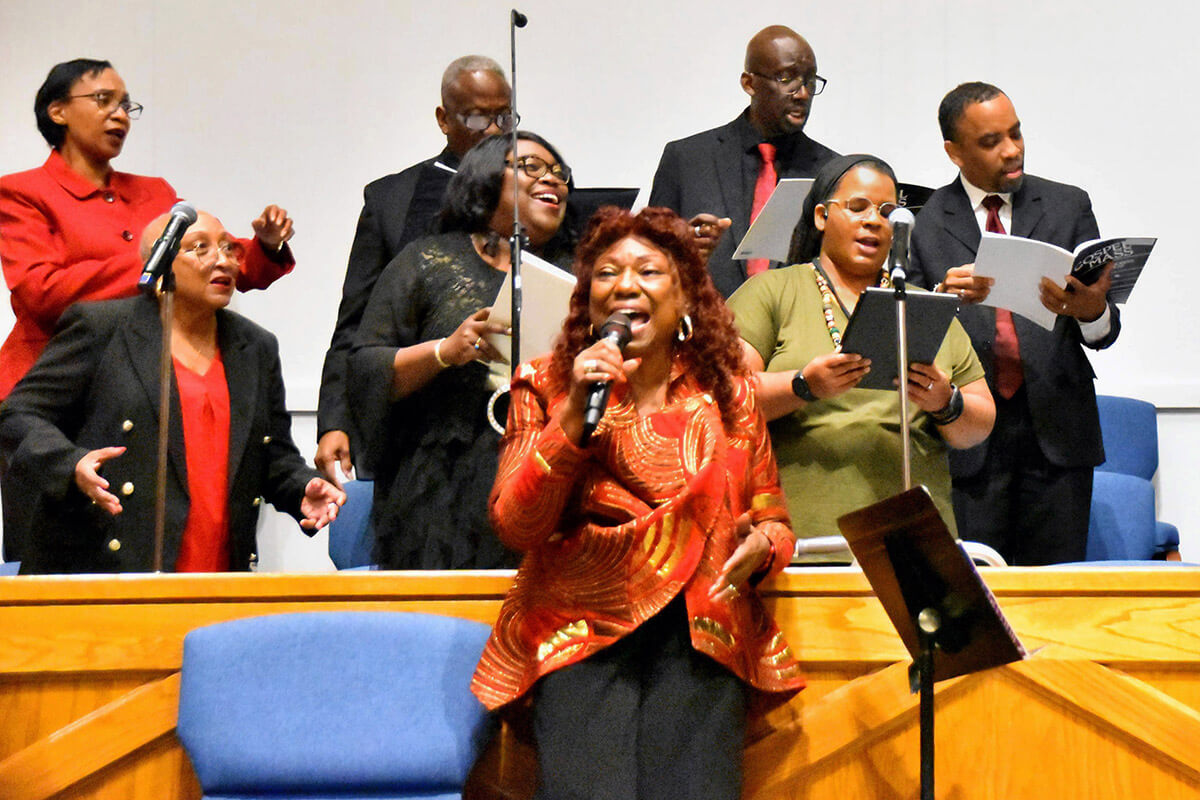 The Rev. Cynthia Wilson (center, front) sings with choir members during a performance of “Gospel Mass” at the Shifting the Atmosphere conference May 2 at Hamilton Park United Methodist Church in Dallas. The Junius B. Dotson Institute for Worship and Music in the Black Church and Beyond, which is led by Wilson, partnered with The United Methodist Church’s Strengthening the Black Church for the 21st Century for this year’s event. Photo by John W. Coleman, UM News.