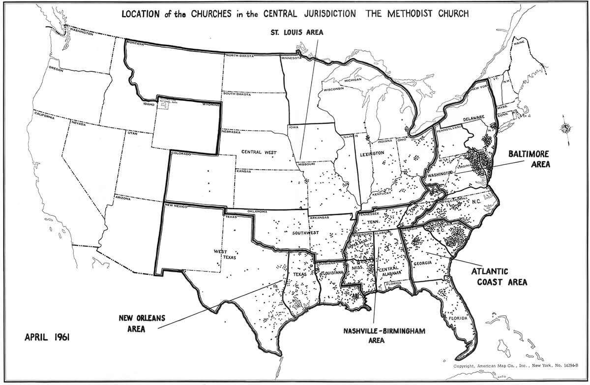 A 1961 map shows the location of churches and the borders of episcopal areas within the Central Jurisdiction, which the Methodist Church established to segregate Black members from the wider church. The union that formed The United Methodist Church in 1968 dissolved the Central Jurisdiction. During the Council of Bishops spring meeting in Jacksonville, Fla., bishops explored the legacy of the Central Jurisdiction as denominational leaders consider changes to the geographic jurisdictional system. Image courtesy of Archives and History. 