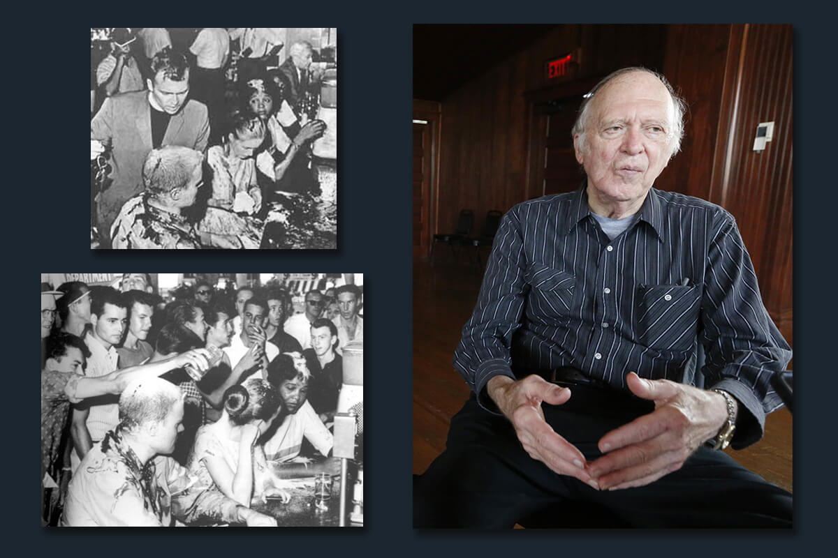 (Top left) The Rev. Ralph Edwin “Ed” King Jr. (in a clerical collar) stands behind (left to right) John Hunter Gray (formerly John Salter), Joan Trumpauer (now Mulholland) and Anne Moody offering support as an angry mob attacks a sit-in on May 28, 1963, in the Woolworth’s in Jackson, Miss. King and others at Tougaloo College helped organize the nonviolent protest to segregation. (Bottom left) Another view of the sit-in and violent mob. (Right) In this June 25, 2016, photo, the Rev. Ed King, a former chaplain at Tougaloo College, sits in Woodworth Chapel at the liberal arts school in Jackson, Miss. Black and white photos by Fred Blackwell, courtesy of the Civil Rights Movement Archive; color photo: AP Photo/Rogelio V. Solis.