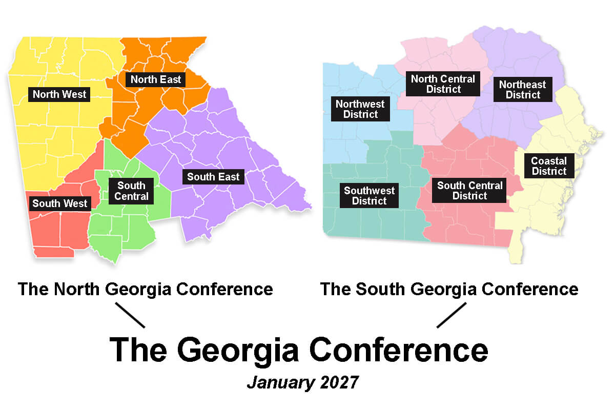 Southeastern Jurisdictional Conference delegates have unanimously supported a plan to unify the North Georgia and South Georgia annual conferences into one. The newly united Georgia Conference will begin operations in January 2027. Maps courtesy of the South Georgia Conference, adapted by UM News. 