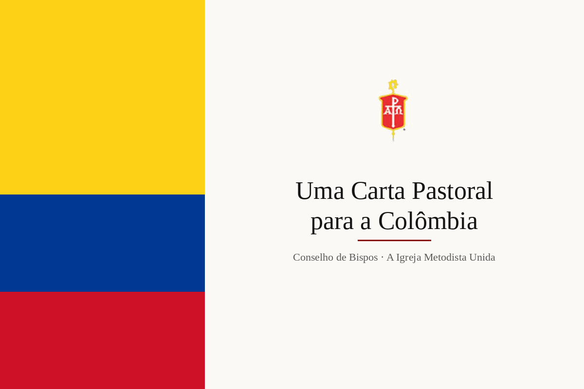 A bandeira da Colômbia ao lado do emblema do Conselho dos Bispos, com o título «Uma Carta Pastoral para a Colômbia».