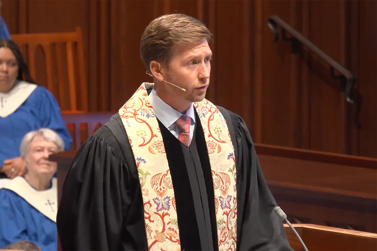 The Rev. Matt Tuggle, senior minister of Highland Park United Methodist Church, speaks to the congregation Aug. 16 about a civil lawsuit filed by the Horizon Texas Conference against the church. Highland Park’s church council approved a resolution Aug. 20, declaring it no longer recognizes the authority of its bishop and conference to direct the congregation or its clergy. Screen shot courtesy of Highland Park United Methodist Church. 