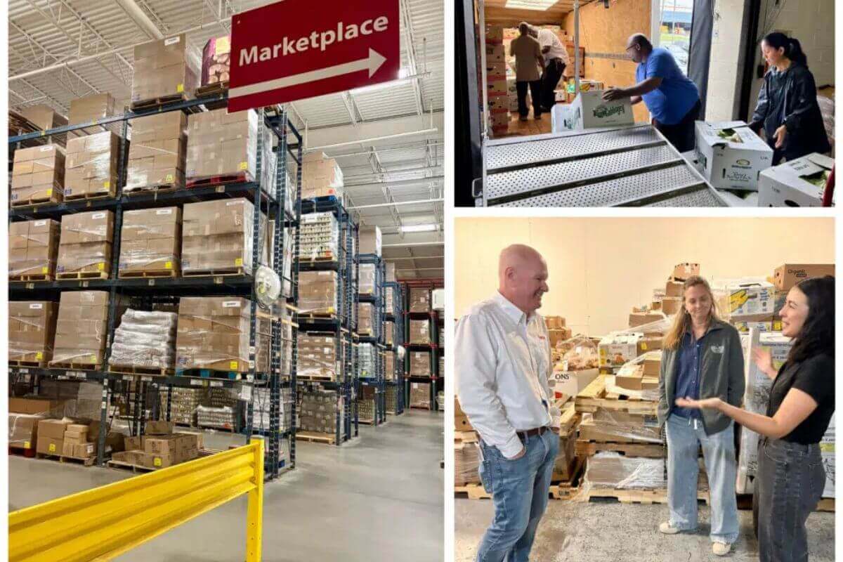 Upper right: An agency partner picks up their order from the Food Bank of South Jersey’s loading dock, including boxes of fresh produce from their marketplace. Lower right: Jim Cox speaks with Lisa Murphy, purchasing and produce manager for the Food Bank of South Jersey, and Nicole Calle, operations manager for the MARC. Photos: Sara Logeman