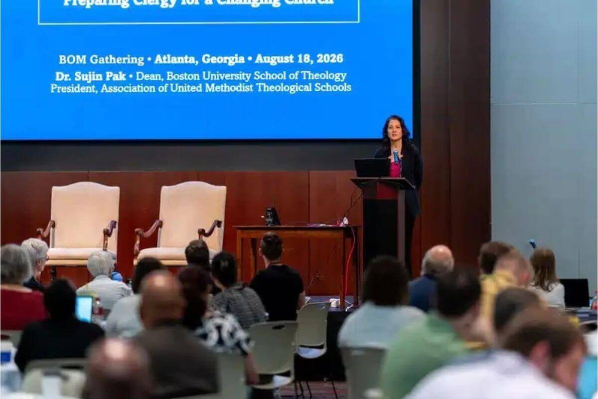 Dr. Sujin Pak speaks about the future of theological education, emphasizing the need for both academic excellence and spiritual formation while calling for deeper collaboration among seminaries, local churches, and boards of ordained ministry to prepare leaders for emerging forms of ministry during her update on theological education. Photo by Adam Bowers