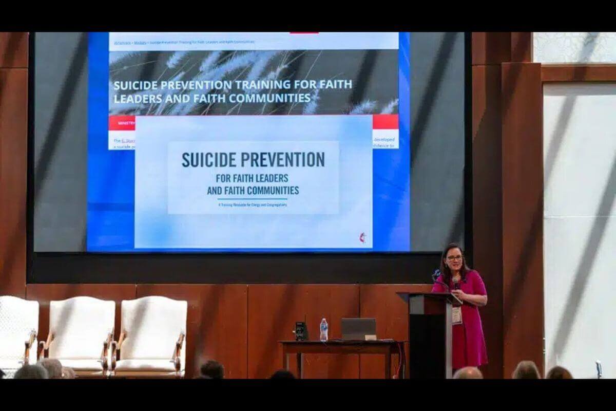 Dr. Melinda Moore, a psychologist and suicide-prevention researcher, speaks about the church’s role in supporting mental health and preventing suicide. Moore emphasized that faith leaders can recognize warning signs, reduce stigma, and connect people with life-saving support, reinforcing the gathering’s focus on well-being in ministry. Photo by Adam Bowers
