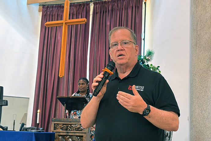 The Rev. Rick Vance, top executive of United Methodist Men, speaks during the inaugural meeting of the men’s group on the African continent Dec. 9-11, 2025, at Africa University in Mutare, Zimbabwe. On Oct. 7, Vance announced that United Methodist Men had halted its affiliation with the U.S. National Association of Conference Presidents. But he also held out hope that United Methodist Men and association could work toward an agreement that restores their relationship. File photo by Eveline Chikwanah, UM News.