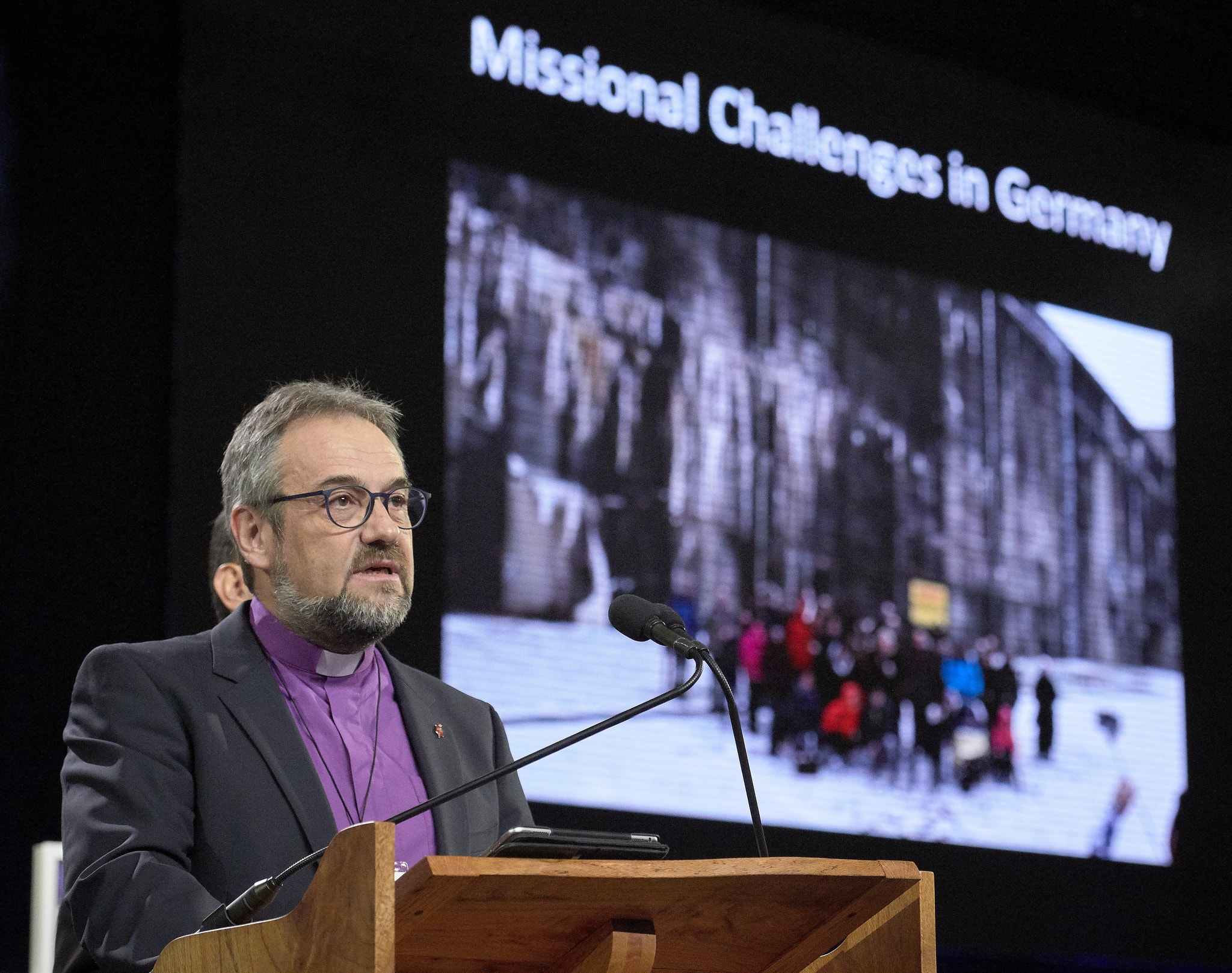 Bishop Harald Rückert speaks to the February 23, 2019, opening session of the Special Session of the General Conference of The United Methodist Church. He is the resident bishop of the Germany Central Conference of the United Methodist Church. Photo by Paul Jeffrey for United Methodist News Service.